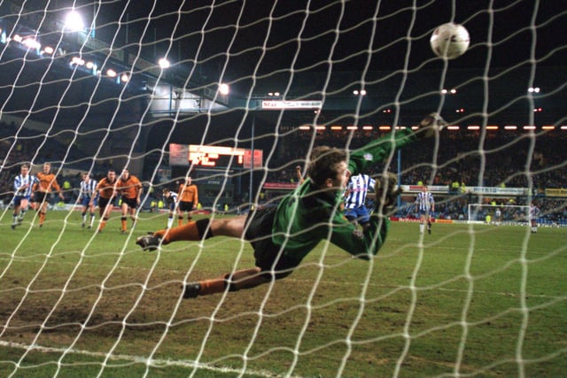 Chris Bart-Williams sees his penalty saved by Wolves' Paul Jones in January 1995.