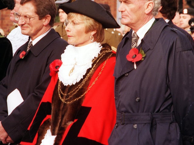 At the 1998 remembrance day service at Doncaster war memorial where chief executive Doncaster Council Alf Taylor,Mayor & Consort Cllr Yvonne and Tony Woodcock payed their respects