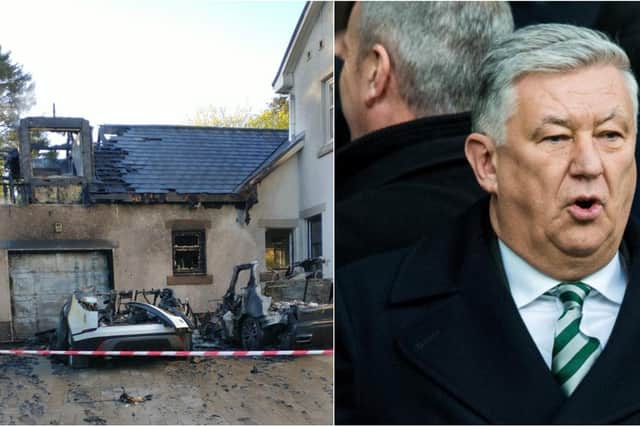 Left, the fire engulfed several cars and a reached the house in the early hours of Wednesday morning (picture credit: Evan Mclafferty), and right, Celtic chief Peter Peter Lawwell.