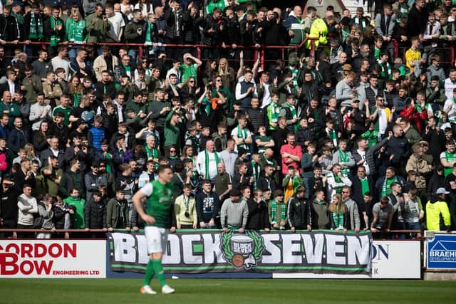 Hibs fans packed out the away end at Tynecastle Park on Saturday. Picture: SNS