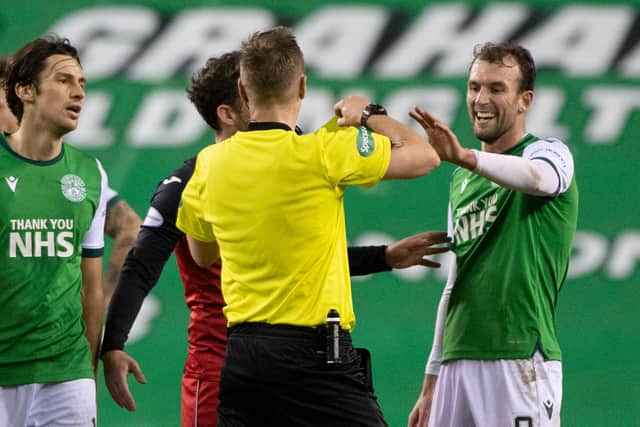Hibs striker Christian Doidge is sent off during Wednesday night's victory over St Mirren. Photo by Bill Murray / SNS Group