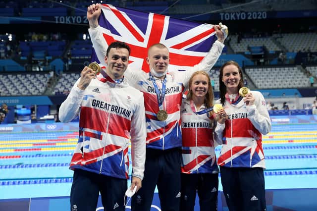 Kirkcaldy’s Kathleen Dawson, far right, with team-mates Adam Peaty, James Guy and Anna Hopkin (Pic: Maddie Meyer/Getty Images)