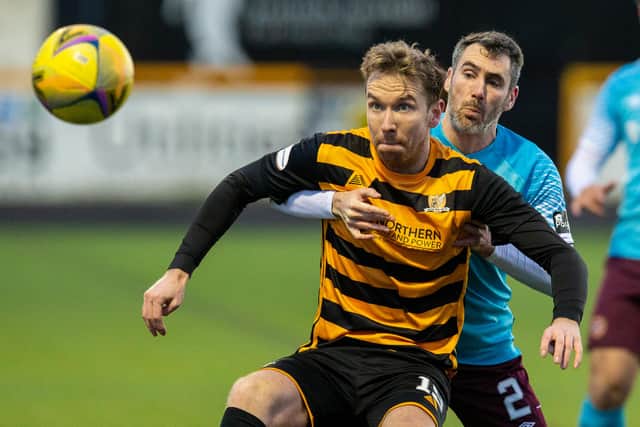 Alloa's Robert Thomson holds off Hearts' Michael Smith during their sides' Scottish Championship match on January 16, 2021, in Alloa (Photo by Bruce White / SNS Group)
