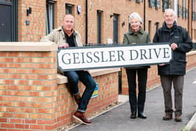 Newly named Geissler Drive at the Waterfront Plaza development, with Martin Geissler and his parents Paul and Betty Geissler