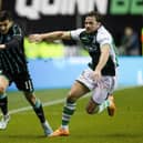 Celtic winger Liel Abada looks to give Lewis Stevenson of Hibs the slip in the last Easter Road encounter between the two teams