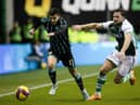 Celtic winger Liel Abada looks to give Lewis Stevenson of Hibs the slip in the last Easter Road encounter between the two teams