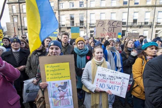 Protesters hold a demo outside the Russian Consulate General in Edinburgh following the invasion of Ukraine.