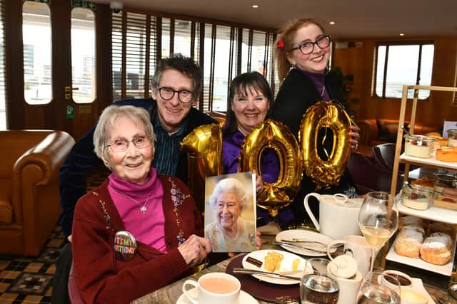On board Fingal, Maria Malvina Cory celebrates her 100th birthday with son, Edward Cory; daughter-in-law, Audrey Gristwood and  daughter, Elizabeth Cory