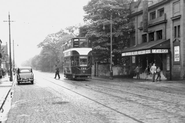 Old Edinburgh tram No. 162 on Service 21 to the Post Office (GPO) outside the George Cinema in Portobello, 23 May, 1953.