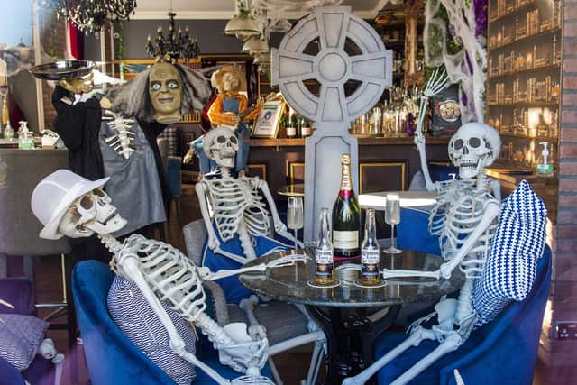 Hemingways bar and restaurant is currently closed due to COVID 19 restrictions in place across the Central belt of Scotland picture: Lisa Ferguson/JPI Media 




COVID 19, CORONA VIRUS - Hemmingways bar and restaurant is currently closed due to COVID 19 restrictions in place across the Central belt of Scotland.  However staff have decorated thir bar with skeletons and other Halloween things. SKeletons enjoy bottles of Corona and als glasses of Moet