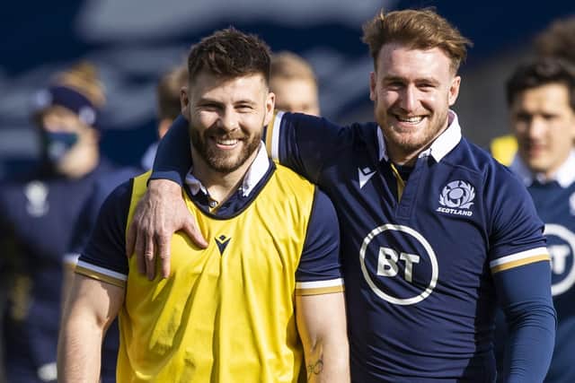 Ali Price (left) with Stuart Hogg during the Scotland team run at BT Murrayfield. Picture: Craig Williamson/SNS