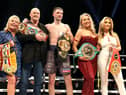 Josh Taylor celebrates with mum Diane, dad James, partner Danielle Murphy and sister Finch after victory in the light welterweight bout against Jack Catterall at the OVO Hydro, Glasgow.