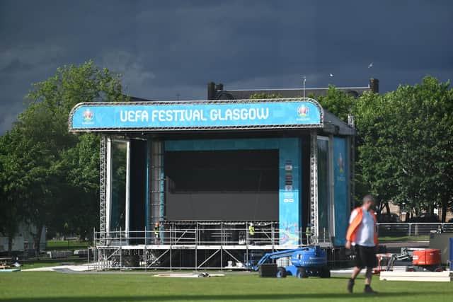 The Fan Zone for EURO 2020 is being built in Glasgow Green as preparations are ramped up ahead of kick off. A giant tv screen is installed for fans (Photo: John Devlin).