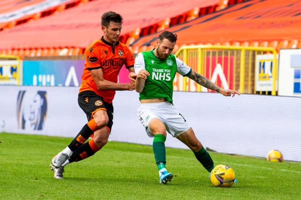 Hibs' Martin Boyle and Adrian Sporle of Dundee United vie for the ball during a recent clash between the two teams