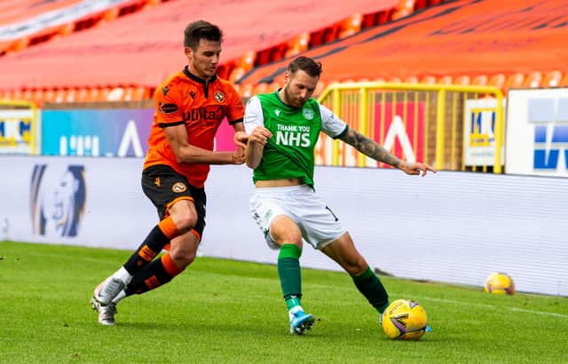 Hibs' Martin Boyle and Adrian Sporle of Dundee United vie for the ball during a recent clash between the two teams