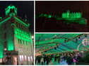 Edinburgh Castle, Edinburgh Ice Rink and Camera Obscura and World of Illusions illuminated green.