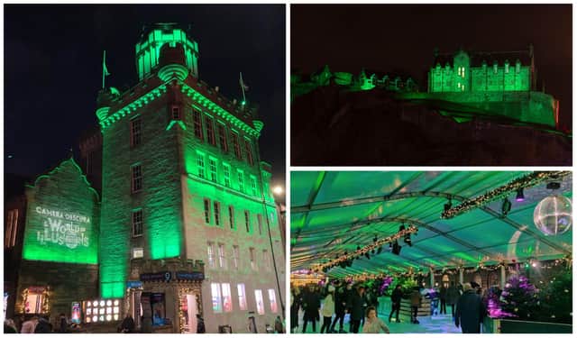 Edinburgh Castle, Edinburgh Ice Rink and Camera Obscura and World of Illusions illuminated green.