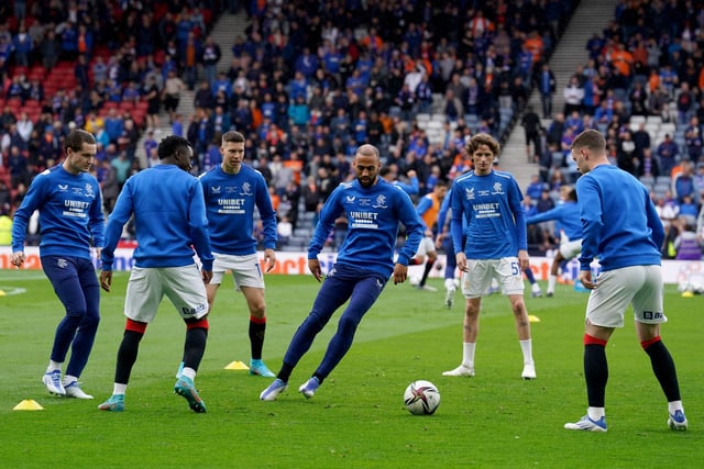 Rangers’ Kemar Roofe (centre) warms up ahead of the Scottish Cup final at Hampden Park