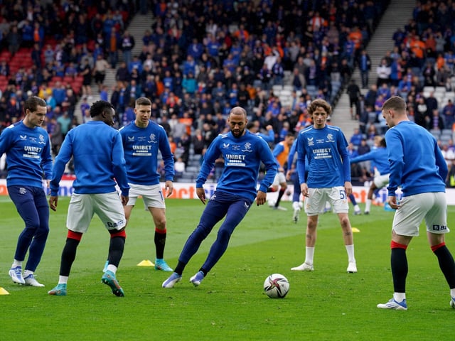 Rangers’ Kemar Roofe (centre) warms up ahead of the Scottish Cup final at Hampden Park