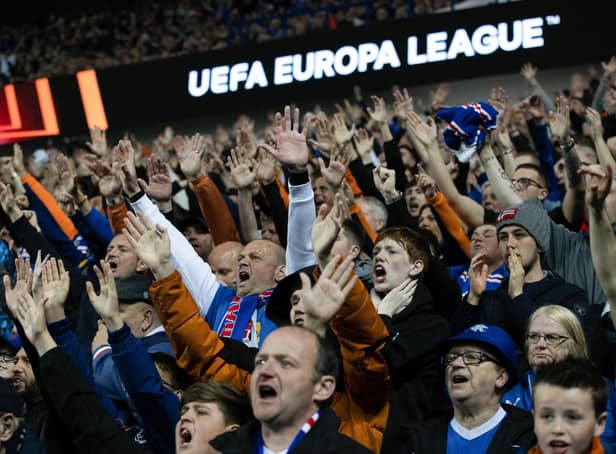 Rangers fans during a UEFA Europa League Semi-Final match againstd Red Bull Leipzig at Ibrox. They will be heading to Seville in their thousands for the final. (Photo by Craig Williamson / SNS Group)