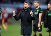 Manager Lee Johnson celebrates after Hibs defeated Motherwell at Fir Park on Sunday. Picture: SNS