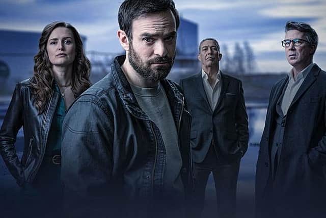 The cast of Irish crime drama Kin, which is on BBC iPlayer now. From left, Amanda Kinsella (Clare Dunne), Michael Kinsella (Charlie Cox), Eamon Cunningham (Ciaran Hinds), Frank Kinsella (Aidan Gillen)  (Picture: BBC/Headline Pictures (Kin) Limited)