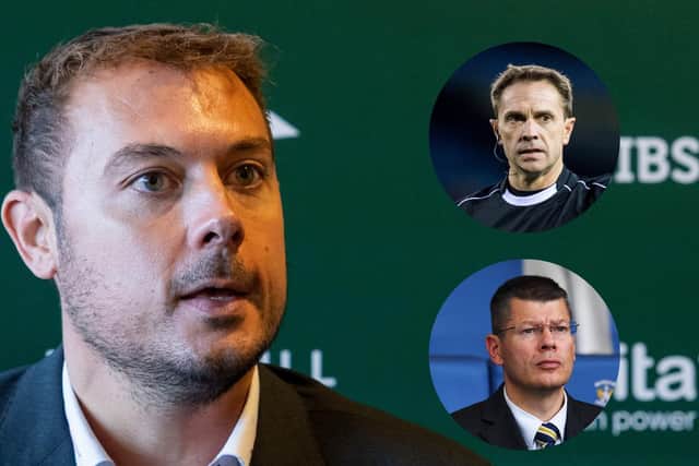 Hibs chief Ben Kensell has met with Crawford Allan (inset, top) and Neil Doncaster (inset, bottom)