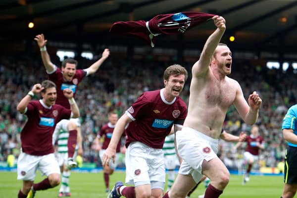 Craig Beattie celebrates his late winner for Hearts in the 2012 Scottish up final.