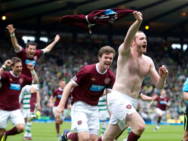 Craig Beattie celebrates his late winner for Hearts in the 2012 Scottish up final.