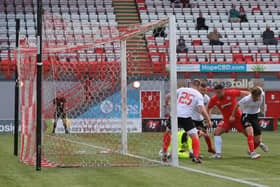 Kieran Hall prods home what would prove to be the winning goal as Bonnyrigg Rose go 2-0 up before half-time. Picture: Joe Gilhooley LRPS