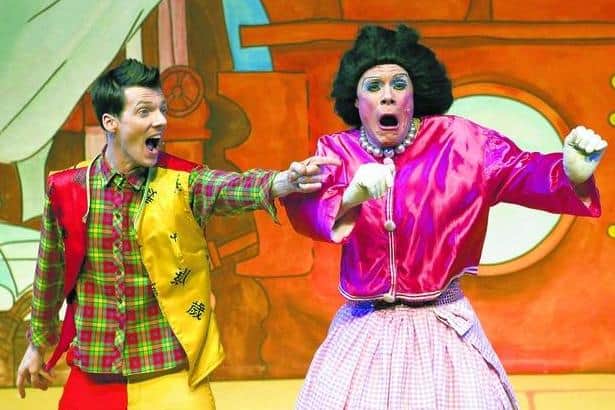 Scott Hoatson as Aladdin in the Brunton Theatre, Musselburgh, panto with Colin Carr as Widow Twanky
