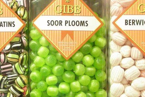 Scots for Sour Plums, these sharp tasting green boiled sweets were enough to make you sook your cheeks in.