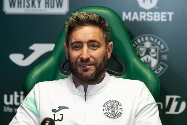 Lee Johnson speaks to the media during a press conference at Easter Road