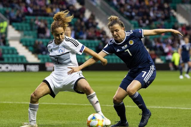 New Hibs signing Eleni Giannou playing for Cyrpus against Scotland’s Hayley Lauder at Easter Road in August 2019. Picture: Ross MacDonald / SNS