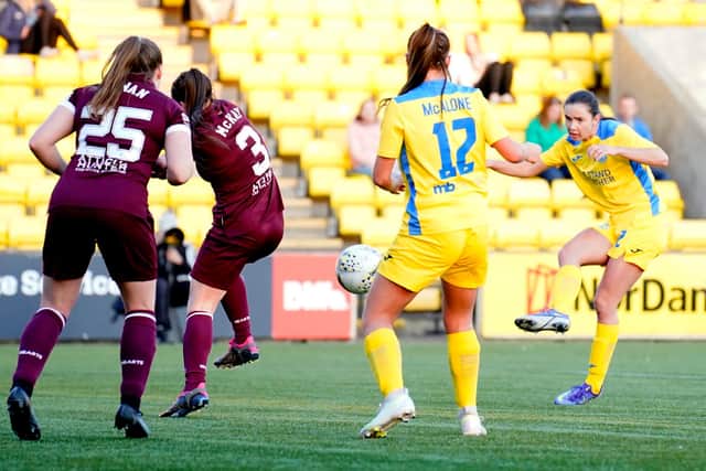 Shannon Leishman shoots for goal. The effort would be deflected in off Hearts No.25, Shona Cowan. Picture: SNS
