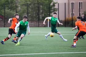 Connor Young ventures forward in a Hibs Under-18s attack at Gussie Park in the 2-2 draw with Dundee United Under-18s. Picture: Maurice Dougan