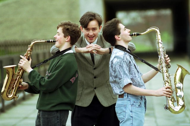 Young saxophone player Tommy Smith (middle) webt back to Wester Hailes jazz school, part of the WHEC in Edinburgh, in March 1992. The other saxophonists are (l-r): David Smith and Eric Smith.