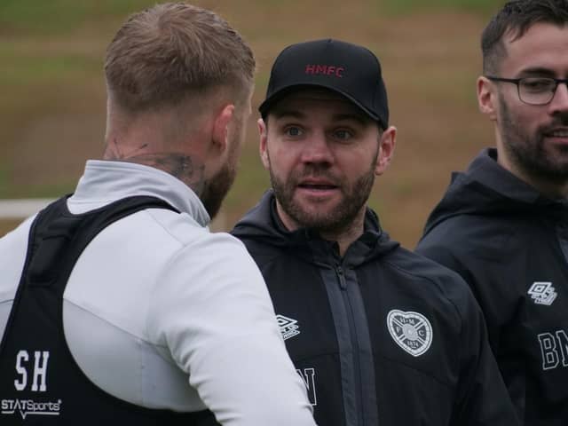 Robbie Neilson issues instructions to Stephen Humphrys during Hearts' winter training camp in the Costa del Sol. Picture: Contributed