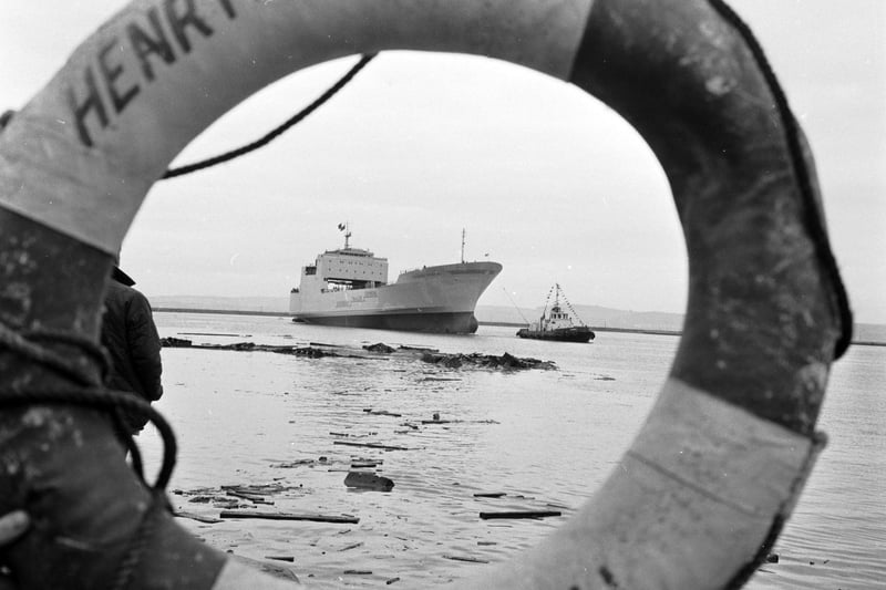 The Caribbean Progress ship was launched from Henry Robb's shipyard at Leith in October 1971 - seen here through a Henry Robb lifebelt.