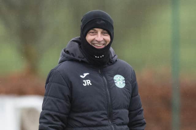 Hibs head coach Jack Ross, pictured at training, has no concerns about performances of his squad's physical condition, but knows he needs results