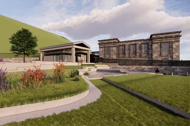 A new 'entry pavilion' is proposed to be created next to Edinburgh's former Royal High School under plans to turn the site into a National Centre for Music. Image: Richard Murphy Architects