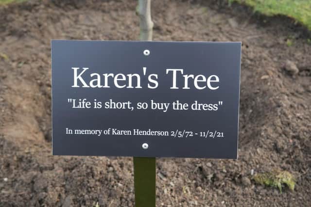 The plaque for Karen's tree at Restoration Yard, Dalkeith.