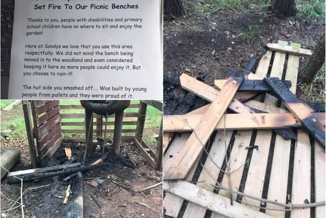 Vandals set fire to a wood from a picnic bench and huts in woodland next to the community garden in Craigmillar. Pictures: Sandy's Community Centre
