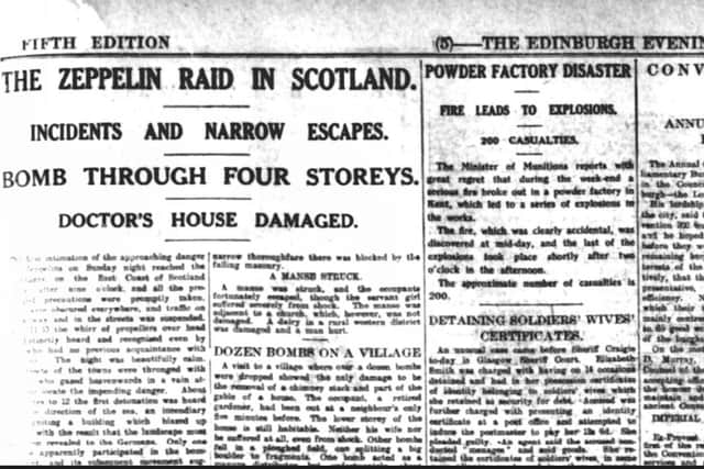 The Edinburgh Evening News of April 4, 1916, reporting the Zeppelin raid.  British Newspaper Archive.