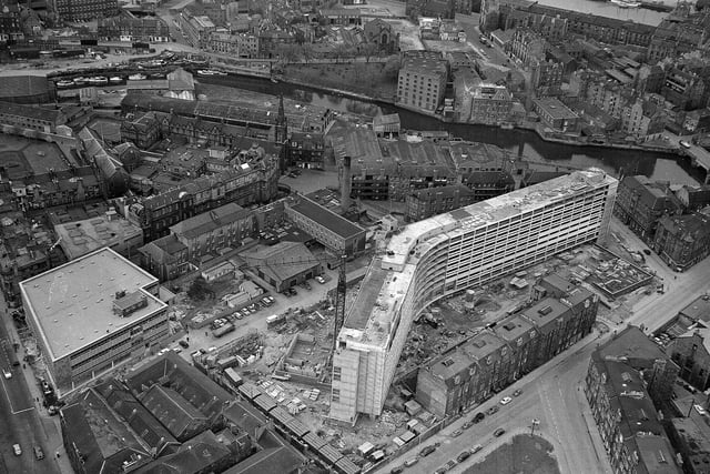 Aerial shot of the new flats being built at Cables Wynd - aka 'The Banana Flats' - as part of the redevelopment of Leith in May 1965.