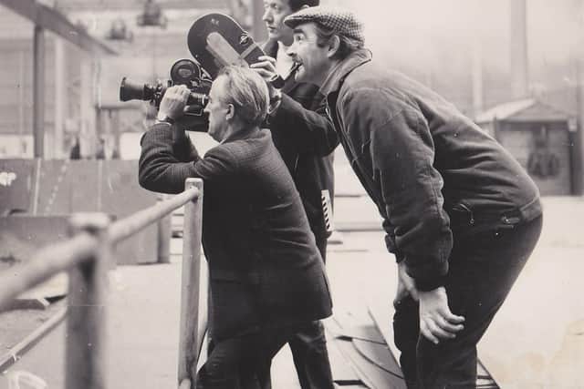 A behind the scene image of Sir Sean Connery whilst shooting The Bowler & The Bunnet in Glasgow’s Fairfield Shipyards in 1967.