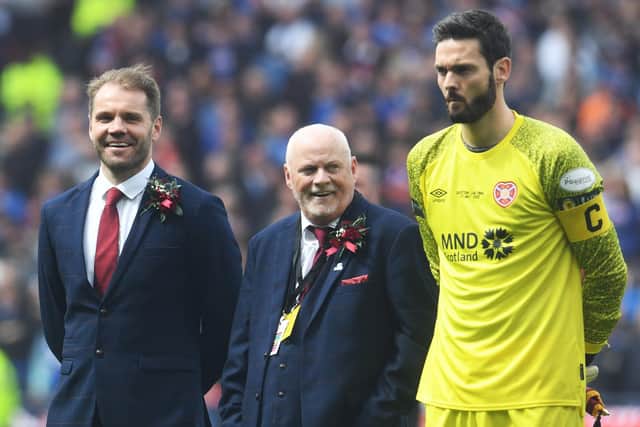 Hearts manager Robbie Neilson alongside  lifelong fan Stevie Morris and captain Craig Gordon before the start of the Scottish Cup final at Hampden. Picture: Craig Foy / SNS