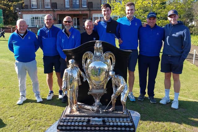 Players representing Heriot's Quad and Heriots pictured with the Dispatch Trophy before their semi-final meeting at the Braids. Picture: National World.