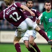Stephen Glass (right) playing against Hearts while at Hibs - he helped the Easter Road club finish third in 2004/5