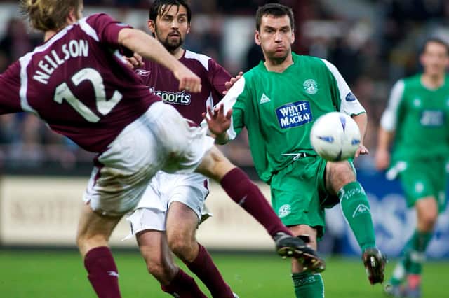 Stephen Glass (right) playing against Hearts while at Hibs - he helped the Easter Road club finish third in 2004/5